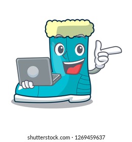 With laptop winter boot shoe in shape cartoon