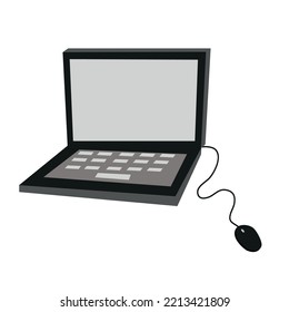 Laptop with wired mouse, illustration
