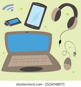 Portátil, mouse con cable, tableta y auriculares en una Imagen de Vector.