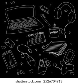 Laptop, wired mouse, tablet and headphones in a vector image. The doodle set of office supplies is black and white.