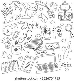 Laptop, wired mouse, tablet and headphones in a vector image. The doodle set of office supplies is black and white.