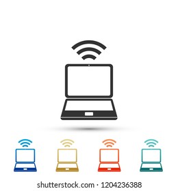 Laptop and wireless icon isolated on white background. Wireless technology, Wi-Fi connection, wireless network, hotspot concepts. Set elements in colored icons. Flat design. Vector Illustration