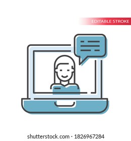 Laptop, woman and chat bubble line vector icon. Customer support or help concept outline with fill symbol.