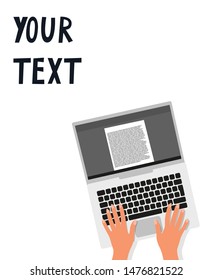 Laptop And Woman Hands. Man Is Typing On A Computer Keyboard. Someone Writes The Text In Electronic Form. Vector Illustration On A White Background.