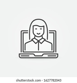 Laptop With Woman Linear Icon. Vector Female Influencer Concept Sign