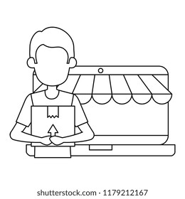 laptop with woman receiving merchandise