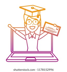 laptop with woman student and graduation diploma