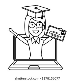 laptop with woman student and graduation diploma
