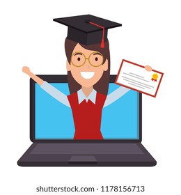 laptop with woman student and graduation diploma