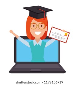 laptop with woman student and graduation diploma