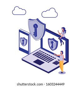 Laptop women and key design of Security system warning protection danger web alert and safe theme Vector illustration