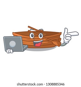 With laptop wooden boat in the cartoon shape