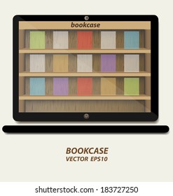 Laptop with wooden bookcase background on screen for ebook