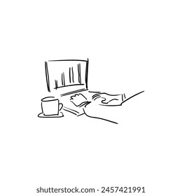 Laptop-Arbeit handgezeichnete Vektorillustration, Karte, Cover, Poster, Druckdesign.