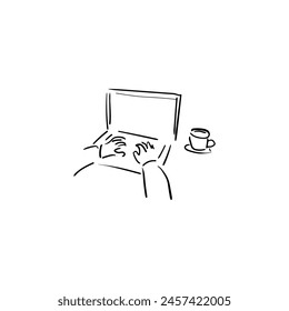 laptop work hand drawn vector illustration, card, cover, poster, print design.