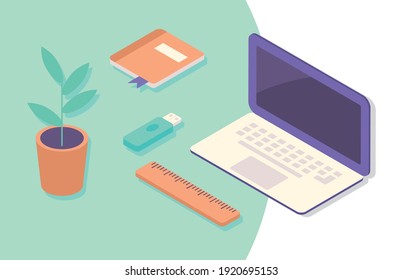 laptop and work place equipment icons vector illustration design