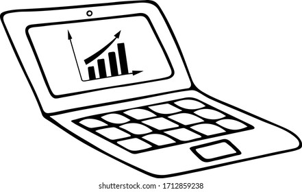 A laptop for work or study. Portable personal computer. Electronic device. Vector illustration. Contour on an isolated background. Doodle style. Sketch. On-screen financial growth graph. Business.