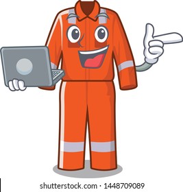 With laptop working overalls in the cartoon shape