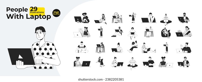 Laptop working people diverse black and white cartoon flat illustration bundle. Notebook people 2D lineart characters isolated. Freelancers gadgets monochrome vector outline image collection