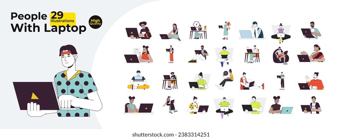 Laptop working people diverse line cartoon flat illustration bundle. Notebook people multicultural 2D lineart characters isolated on white background. Freelancers gadgets vector color image collection