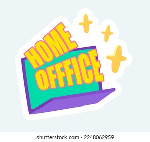Laptop for working remotely from home office. Stay at home. Vector illustration in cartoon sticker design