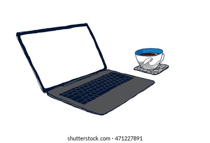 Laptop. Workplace. Vector hand-drawn sketch.