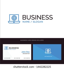 Laptop, World, Globe, Technical Blue Business logo and Business Card Template. Front and Back Design