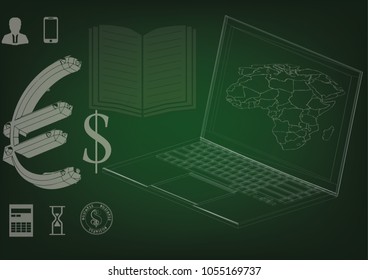 laptop, world map and book on green. Dollar and euro icon