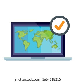 portátil con diseño de mapa mundial y marca de verificación, logística de entrega transporte almacén de servicios de envío industria y tema global Ilustración de vectores