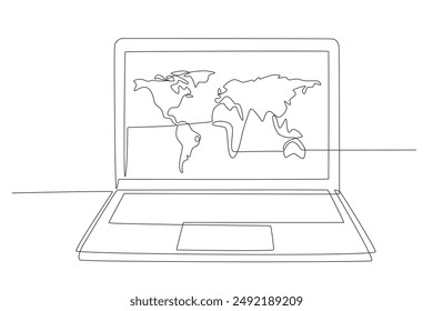 Laptop with world map. World map concept one-line drawing