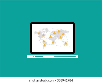 Laptop and  World map with connections