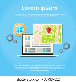 Laptop World Map Gps Globe Navigation Vector Illustration