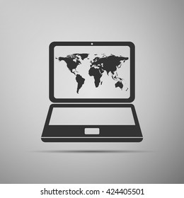 Laptop with world map icon on grey background. Vector Illustration