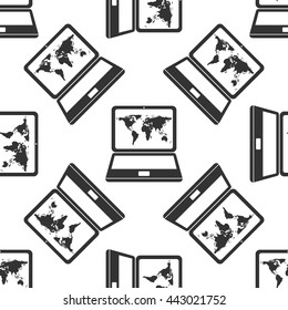 Laptop with world map icon seamless pattern on white background. Vector Illustration