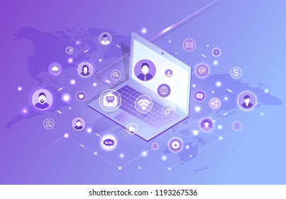 Laptop and world map icons set vector. Social network and profiles of people. Man and woman heart like, location pointer and dollar currency money