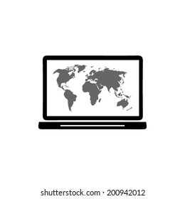 Laptop and world map illustration. World map geography symbol.  Flat design style. Vector EPS 10.