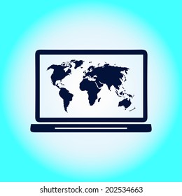 Laptop and world map illustration. World map geography symbol.  Flat design style. Vector EPS 10.