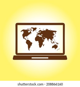 Laptop and world map illustration. World map geography symbol.  Flat design style. Vector EPS 10.