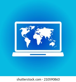 Laptop and world map illustration. World map geography symbol.  Flat design style. Vector EPS 10.