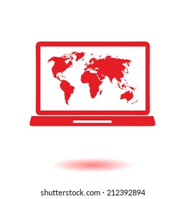 Laptop and world map illustration. World map geography symbol.  Flat design style. Vector EPS 10.