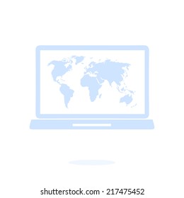 Laptop and world map illustration. World map geography symbol.  Flat design style. Vector EPS 10.