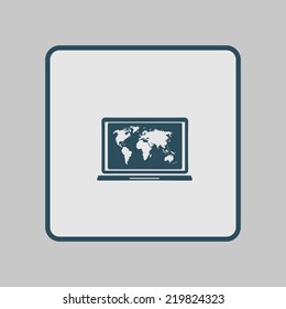 Laptop and world map illustration. World map geography symbol.  Flat design style. Vector EPS 10.
