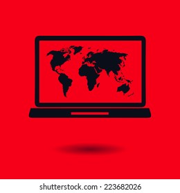 Laptop and world map illustration. World map geography symbol.  Flat design style. Vector EPS 10.