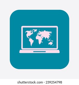Laptop and world map illustration. World map geography symbol.  Flat design style. Vector EPS 10.