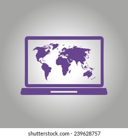 Laptop and world map illustration. World map geography symbol. Flat design style. Vector EPS 10.