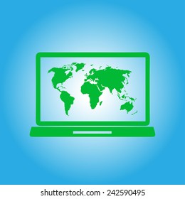 Laptop and world map illustration. World map geography symbol.  Flat design style. Vector EPS 10.