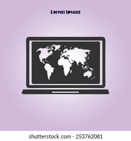Laptop and world map illustration. World map geography symbol.  Flat design style. Vector EPS 10.