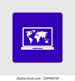 Laptop and world map illustration. World map geography symbol.  Flat design style. Vector EPS 10.