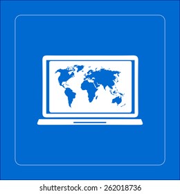 Laptop and world map illustration. World map geography symbol.  Flat design style. Vector EPS 10.