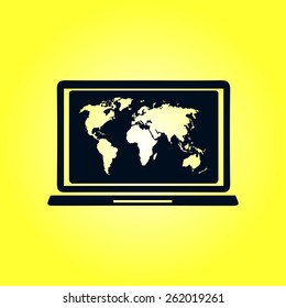 Laptop and world map illustration. World map geography symbol.  Flat design style. Vector EPS 10.